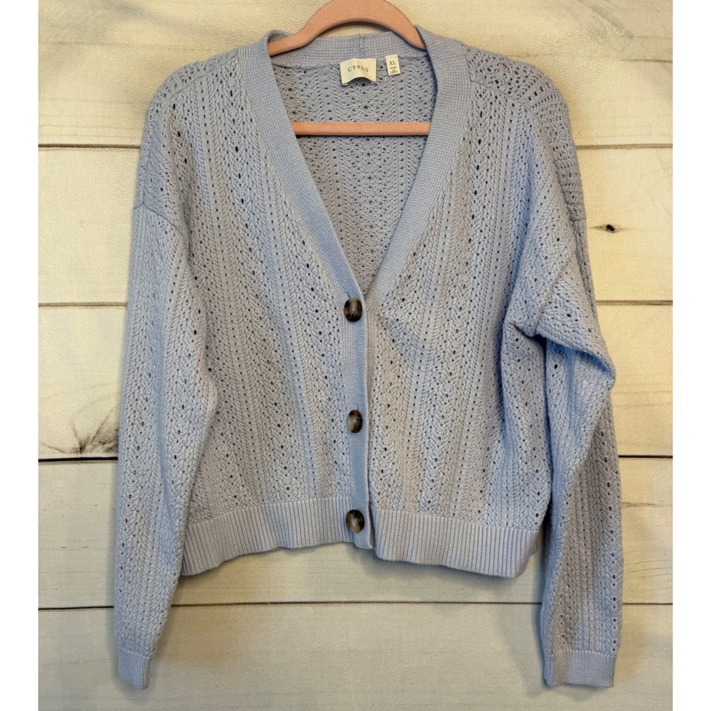 Cyrus Light Blue Pointelle Knit V-Neck Cardigan Sweater XL C292504 Button Up